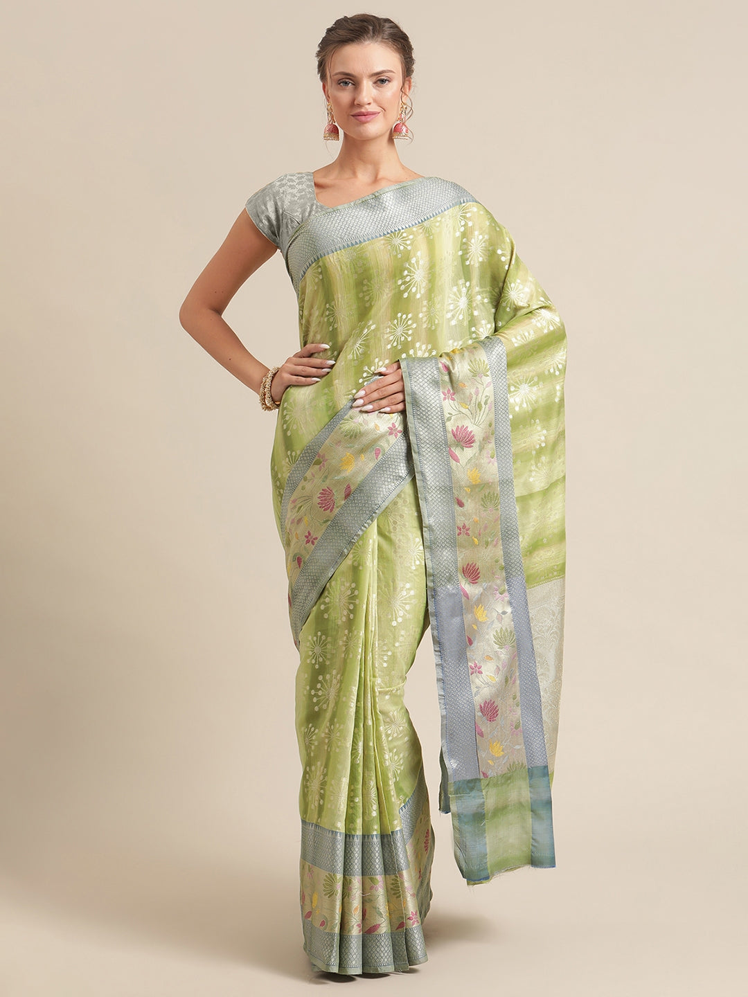 Faishana Presents Handwoven Pistachio Matka Silk Boota Skirt Tilfi Border With Grey Blouse Banarasi Saree