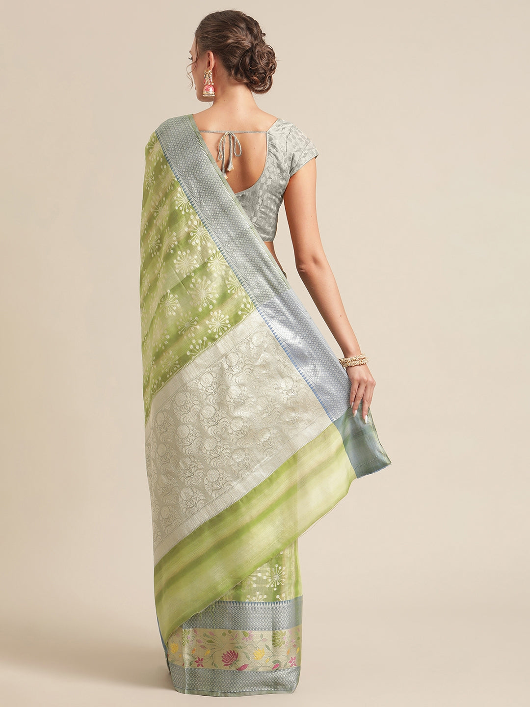 Faishana Presents Handwoven Pistachio Matka Silk Boota Skirt Tilfi Border With Grey Blouse Banarasi Saree