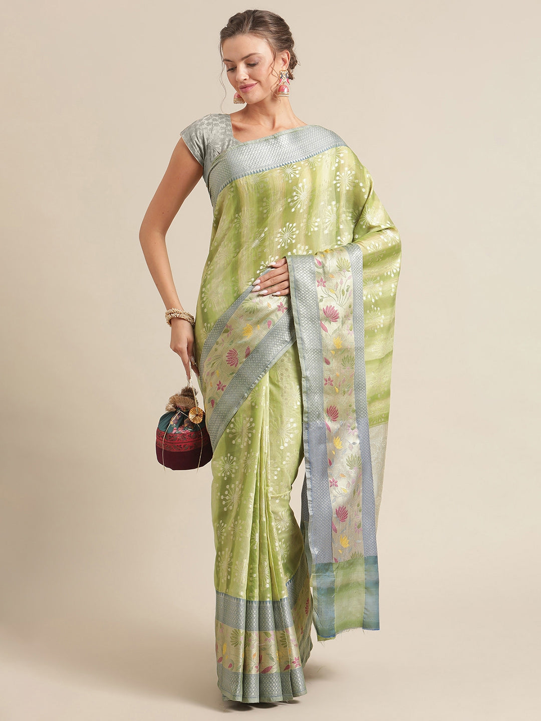 Faishana Presents Handwoven Pistachio Matka Silk Boota Skirt Tilfi Border With Grey Blouse Banarasi Saree