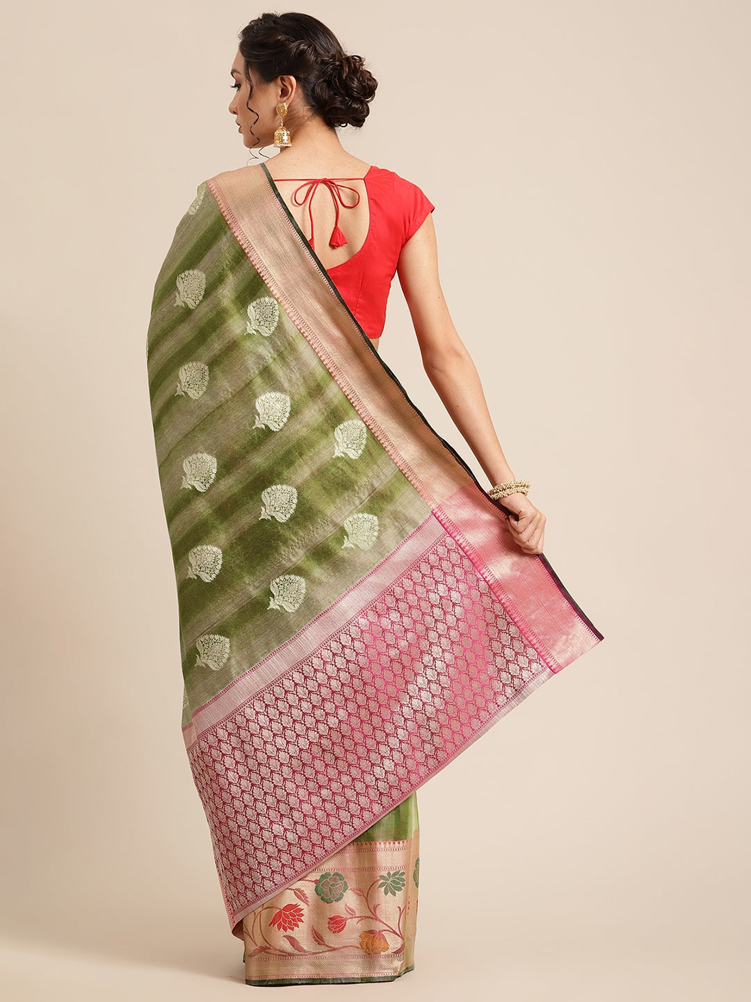 Faishana Presents Handwoven Green Matka Silk Boota Tilfi Skirt Zari Border With Magenta Blouse Banarasi Saree