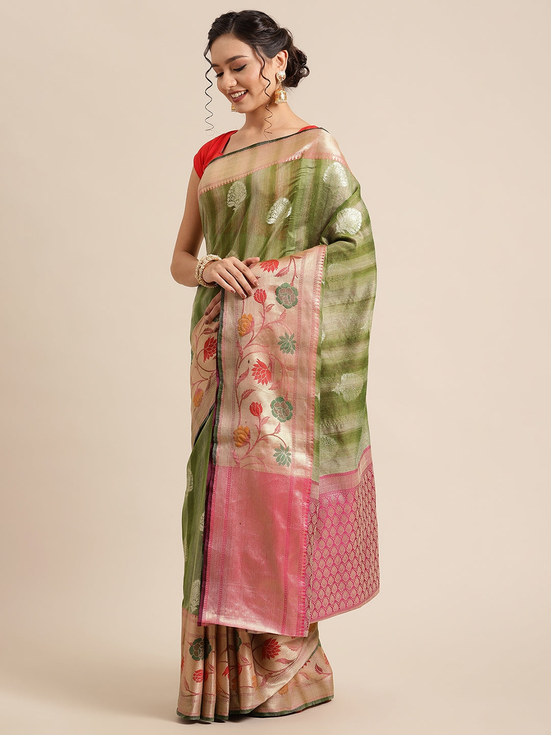 Faishana Presents Handwoven Green Matka Silk Boota Tilfi Skirt Zari Border With Magenta Blouse Banarasi Saree
