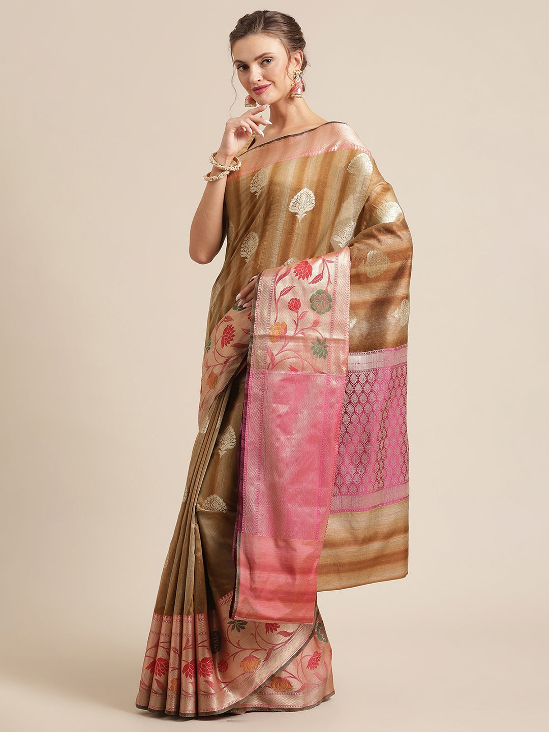 Faishana Presents Handwoven Brown Matka Silk Boota Tilfi Skirt Zari Border With Magenta Blouse Banarasi Saree