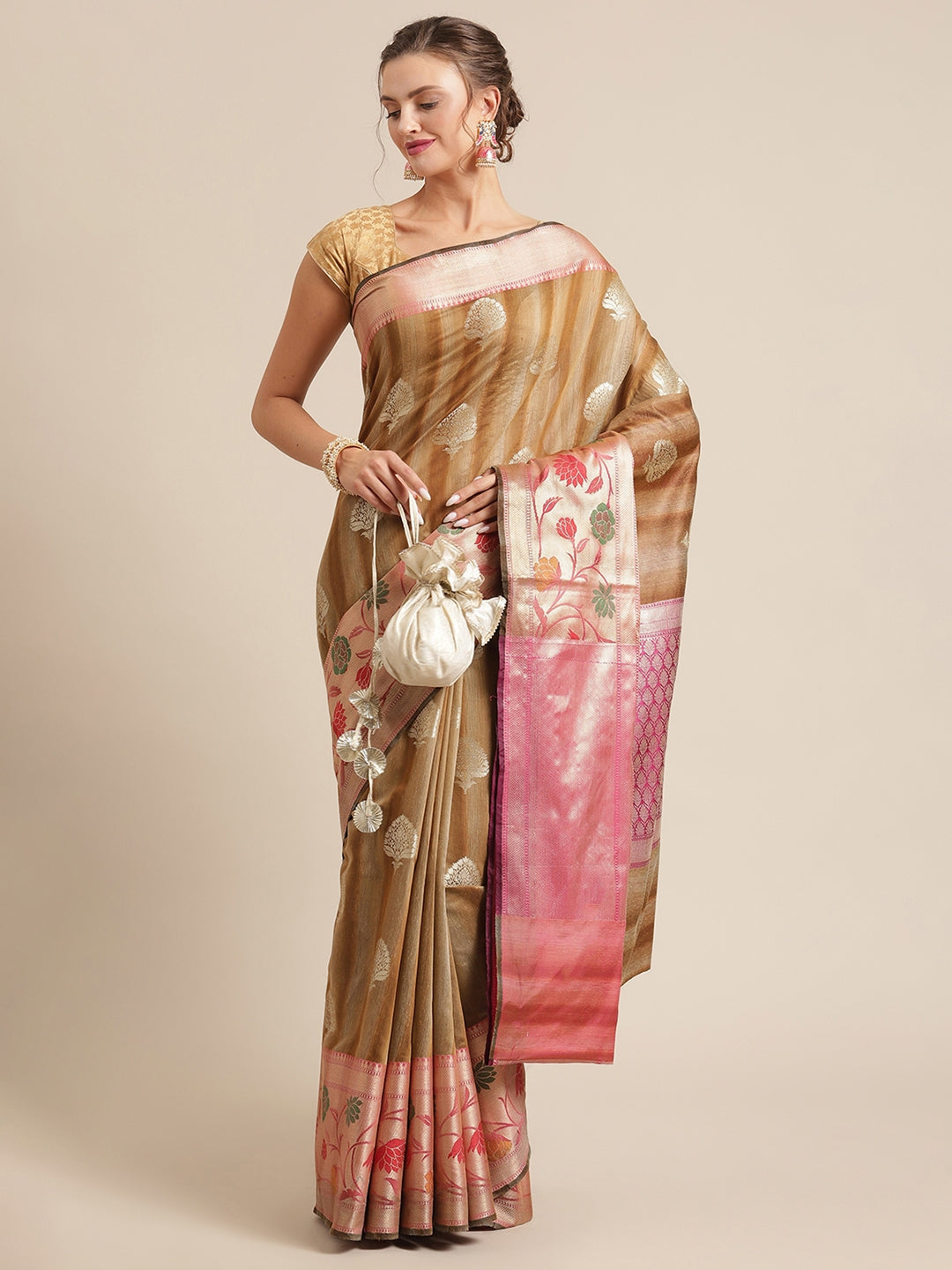 Faishana Presents Handwoven Brown Matka Silk Boota Tilfi Skirt Zari Border With Magenta Blouse Banarasi Saree