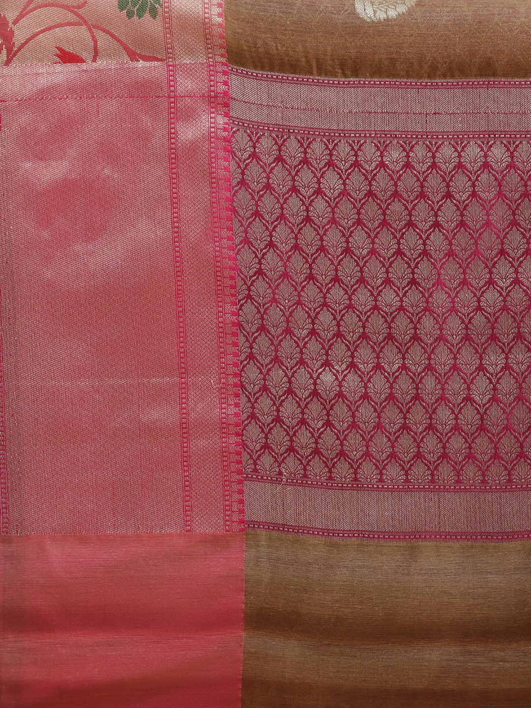 Faishana Presents Handwoven Brown Matka Silk Boota Tilfi Skirt Zari Border With Magenta Blouse Banarasi Saree