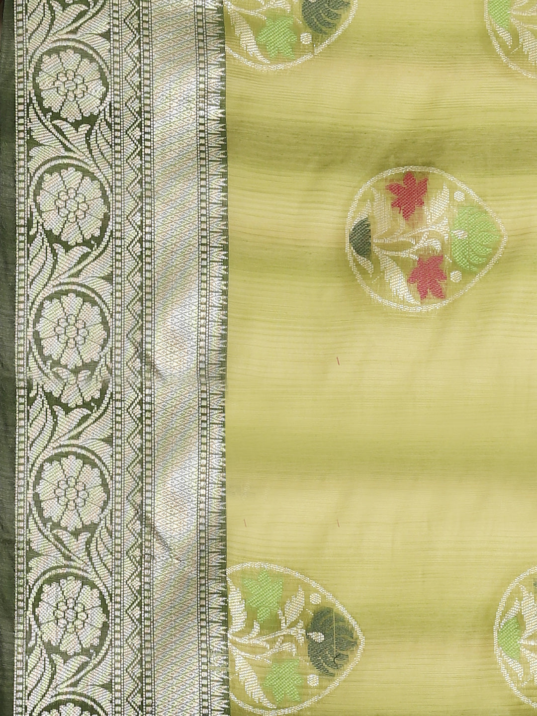Faishana Presents Handwoven Pistachio Matka Silk Tilfi Boota Zari Border With Mehndi Green Blouse Banarasi Saree
