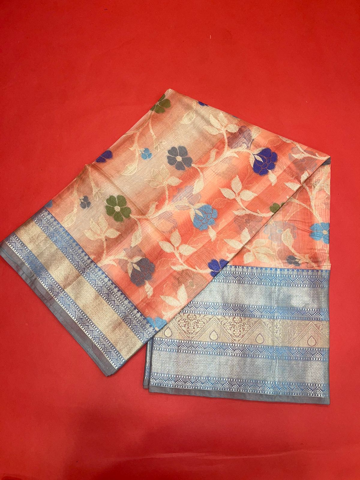 Faishana Presents Handwoven Peach Matka Silk Tilfi Jaal Skirt Border With Grey Blouse Banarasi Saree