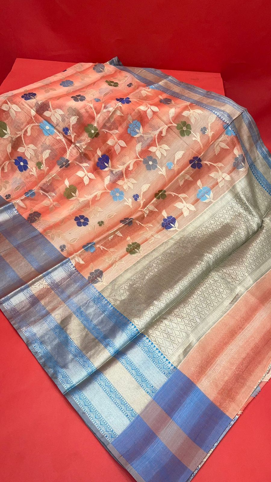 Faishana Presents Handwoven Peach Matka Silk Tilfi Jaal Skirt Border With Grey Blouse Banarasi Saree