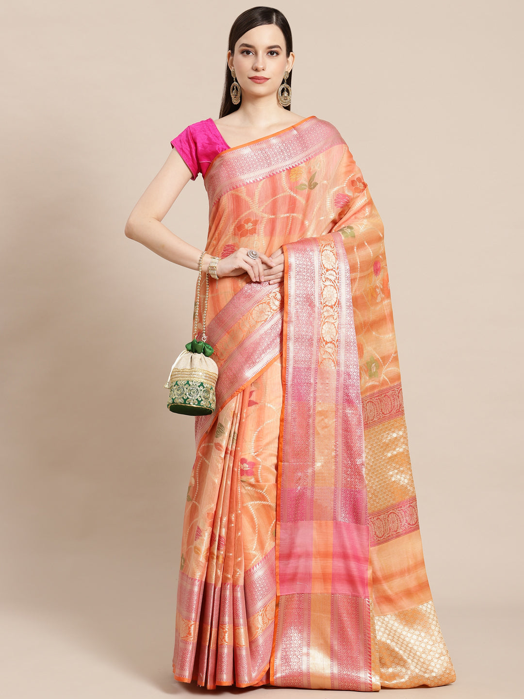 Faishana Presents Handwoven Peach Matka Silk Alfi Jaal Skirt Border With Orange Blouse Banarasi Saree