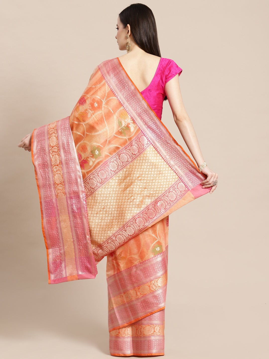 Faishana Presents Handwoven Peach Matka Silk Alfi Jaal Skirt Border With Orange Blouse Banarasi Saree