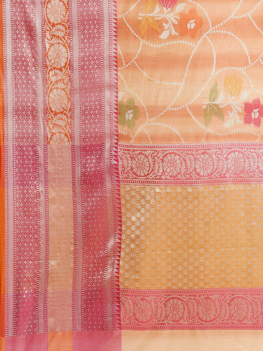 Faishana Presents Handwoven Peach Matka Silk Alfi Jaal Skirt Border With Orange Blouse Banarasi Saree
