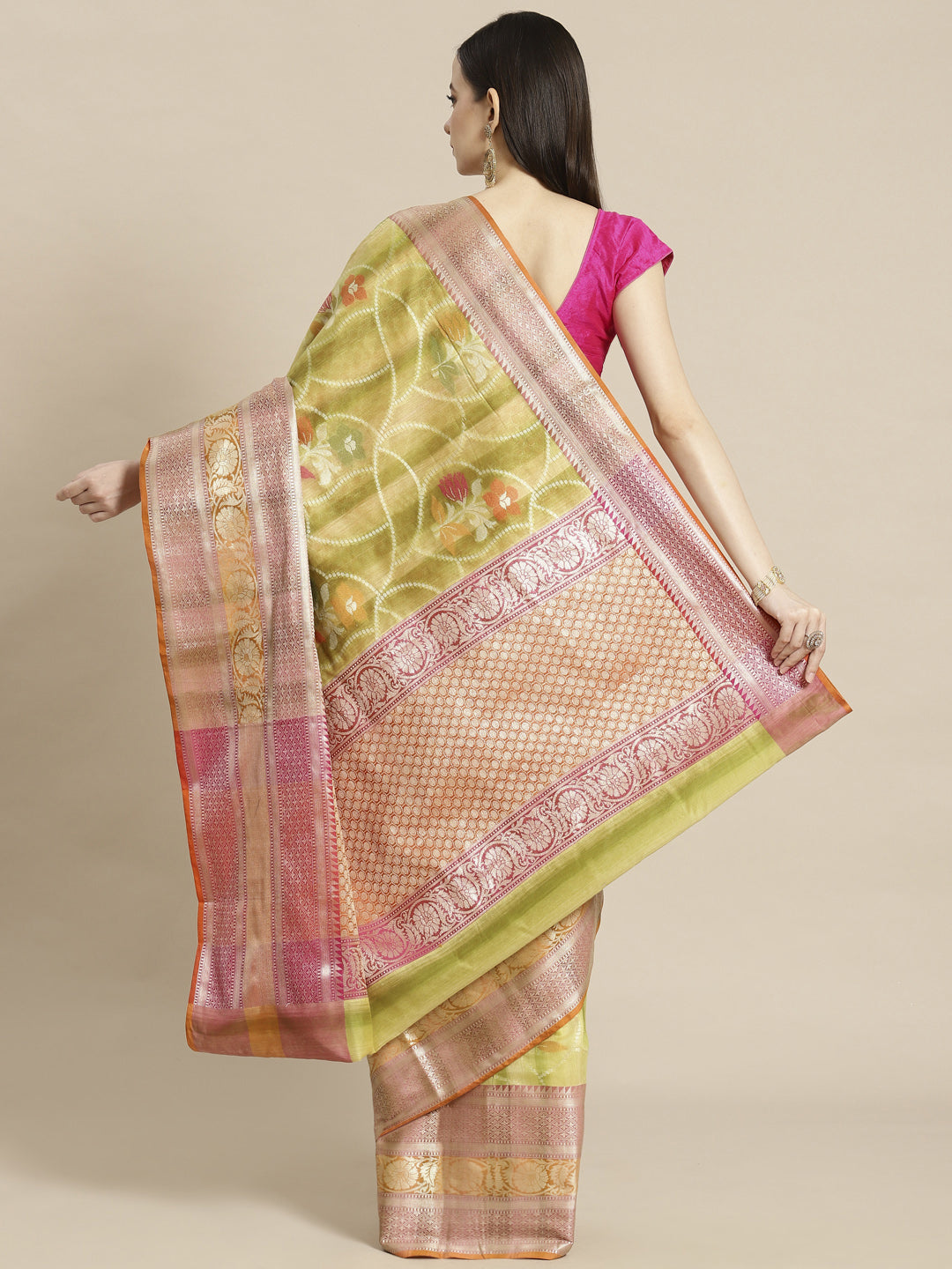 Faishana Presents Handwoven Pistachio Matka Silk Alfi Jaal Skirt Border With Orange Blouse Banarasi Saree