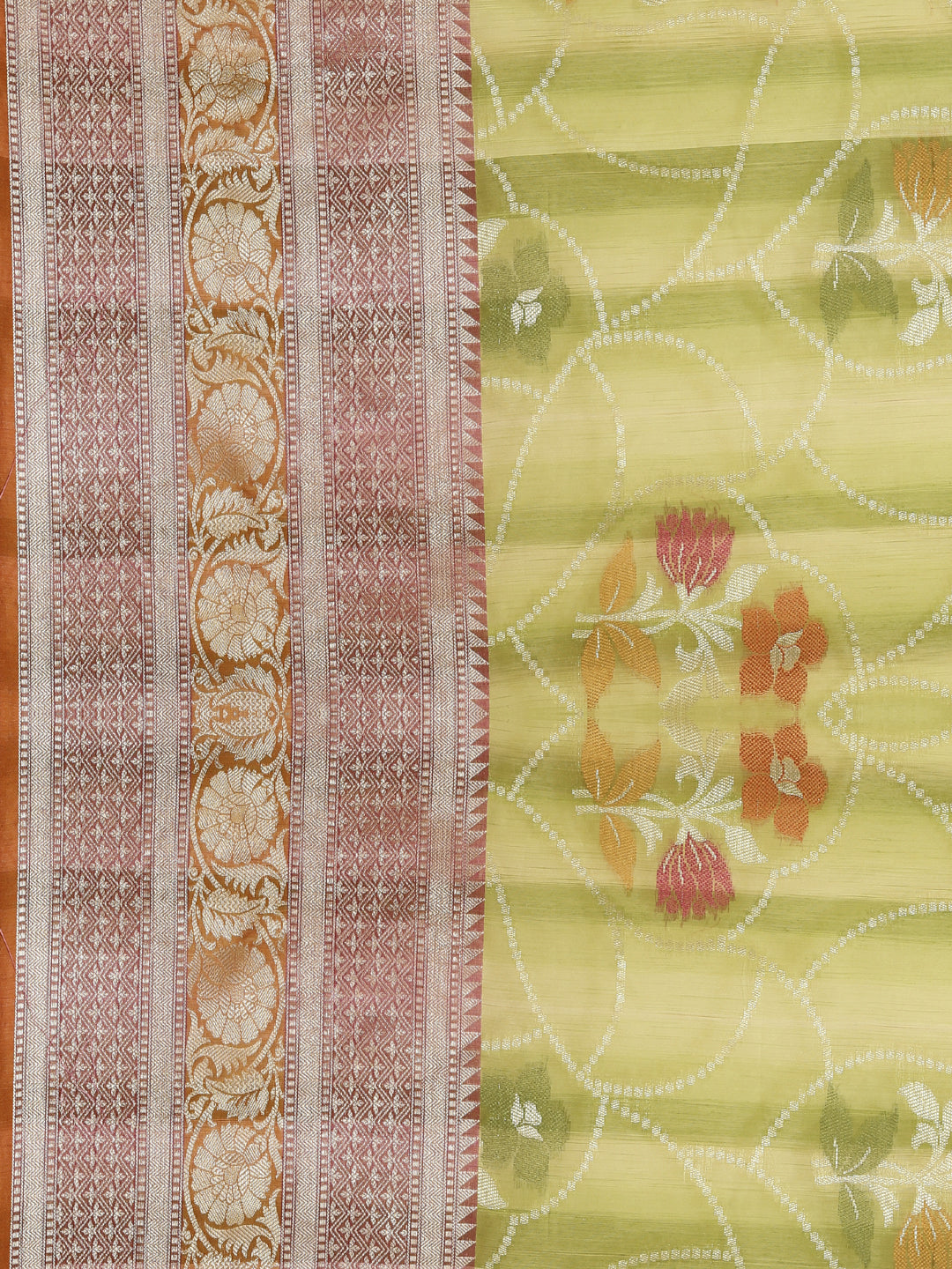 Faishana Presents Handwoven Pistachio Matka Silk Alfi Jaal Skirt Border With Orange Blouse Banarasi Saree