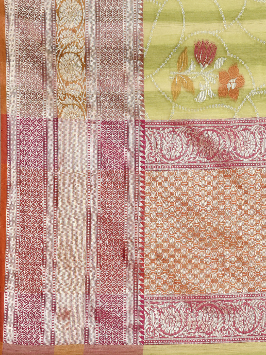 Faishana Presents Handwoven Pistachio Matka Silk Alfi Jaal Skirt Border With Orange Blouse Banarasi Saree