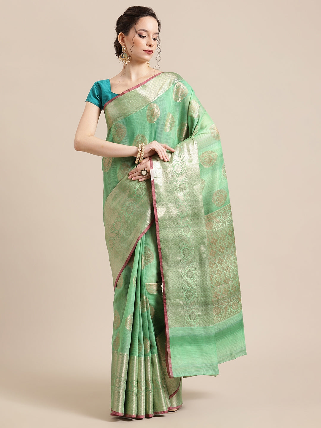 Faishana Presents Handwoven Green Matka Silk Boota Skirt Border With Green Blouse Banarasi Saree