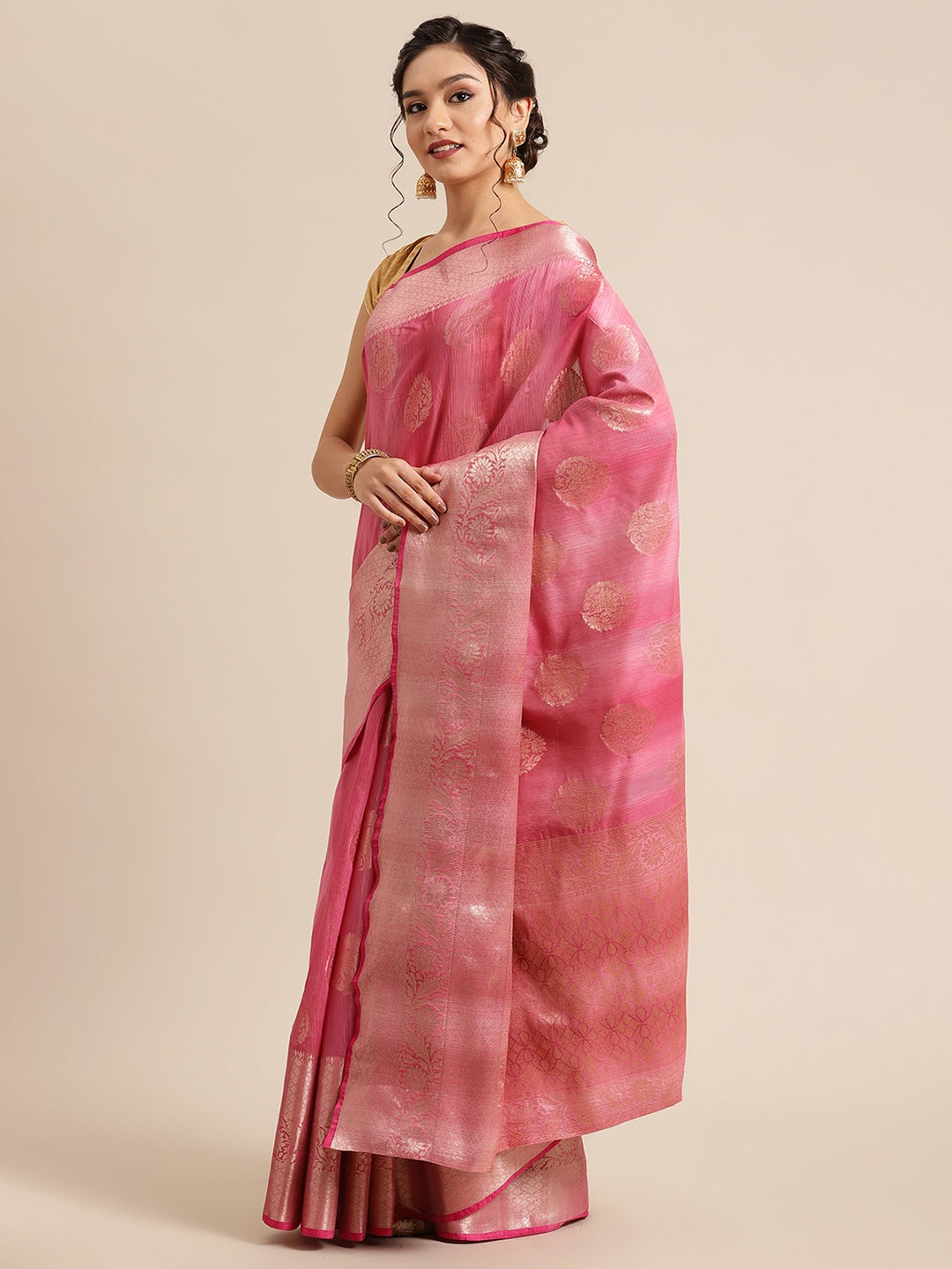 Faishana Presents Handwoven Pink Matka Silk Boota Skirt Border With Pink Blouse Banarasi Saree
