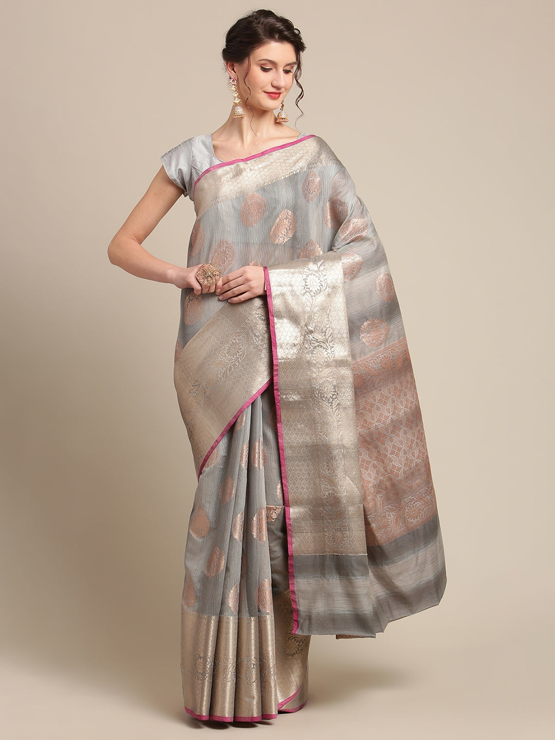 Faishana Presents Handwoven Grey Matka Silk Boota Skirt Border With Grey Blouse Banarasi Saree