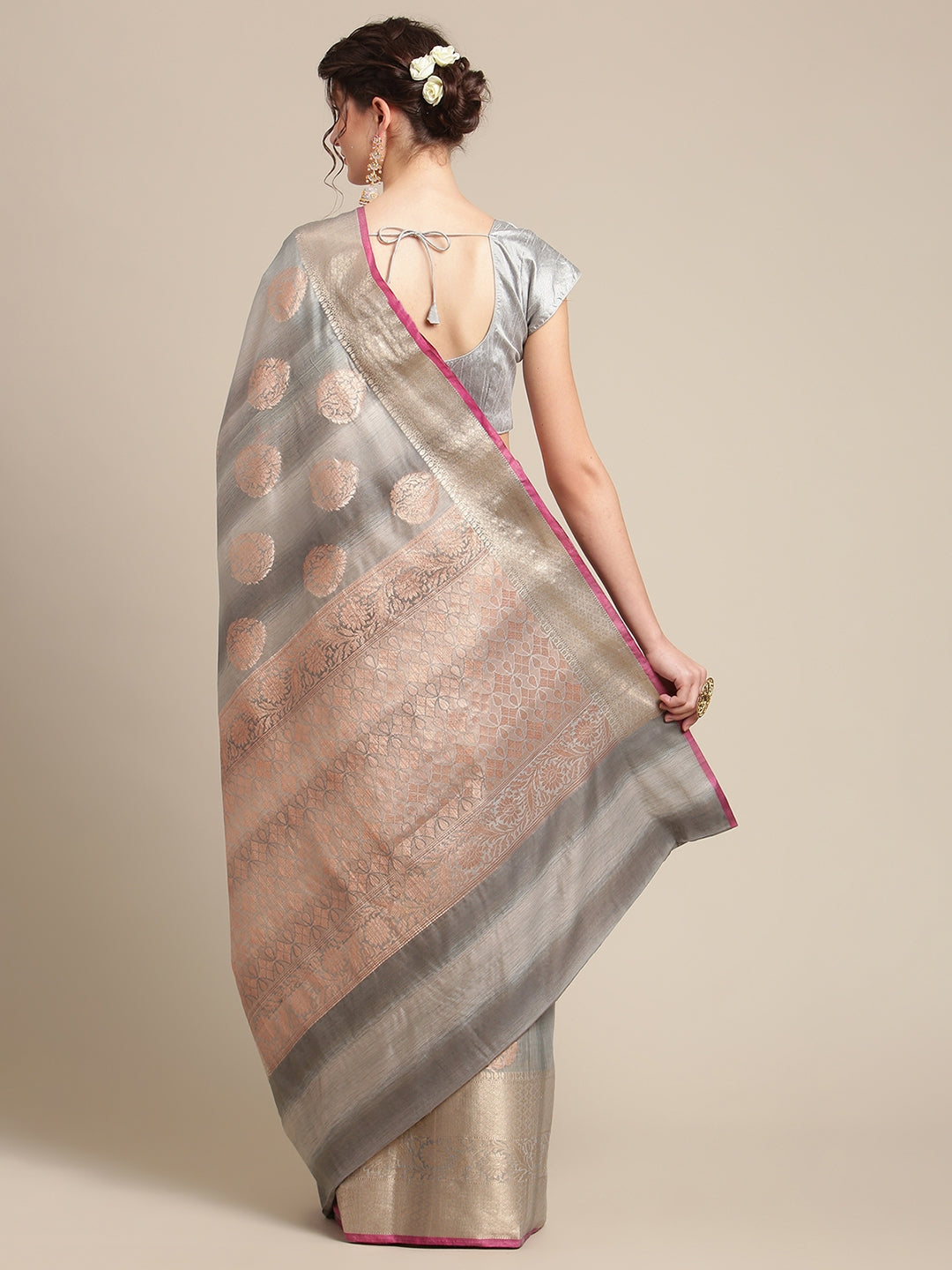 Faishana Presents Handwoven Grey Matka Silk Boota Skirt Border With Grey Blouse Banarasi Saree