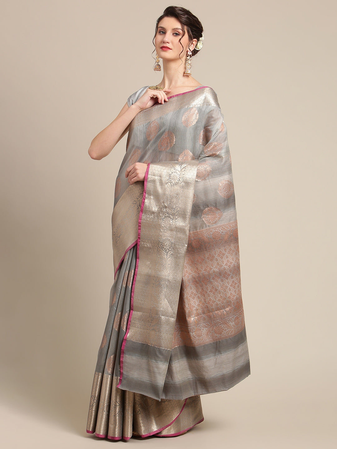 Faishana Presents Handwoven Grey Matka Silk Boota Skirt Border With Grey Blouse Banarasi Saree