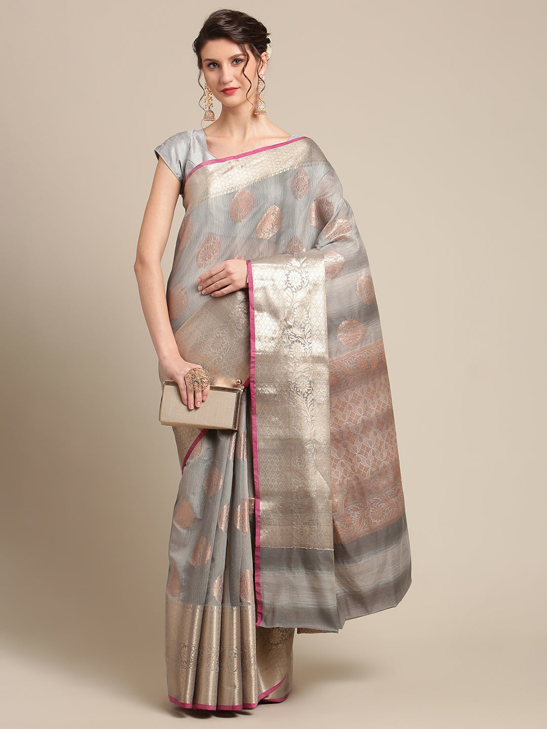 Faishana Presents Handwoven Grey Matka Silk Boota Skirt Border With Grey Blouse Banarasi Saree