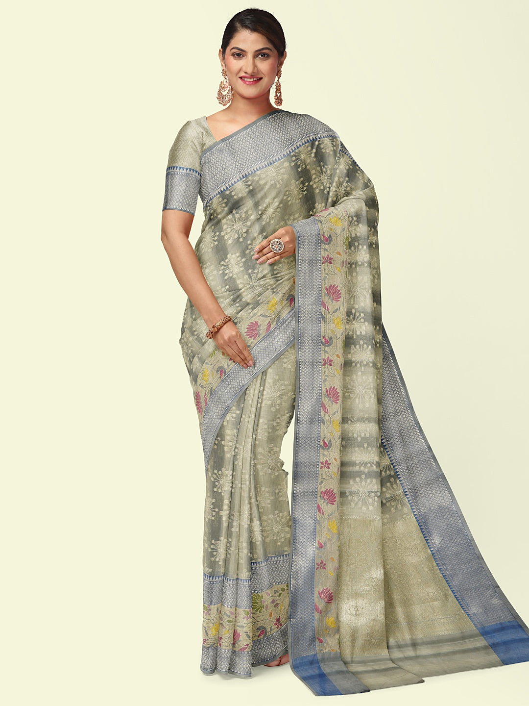 Faishana Presents Handwoven Grey Matka Silk Boota Skirt Border With Blue Blouse Banarasi Saree