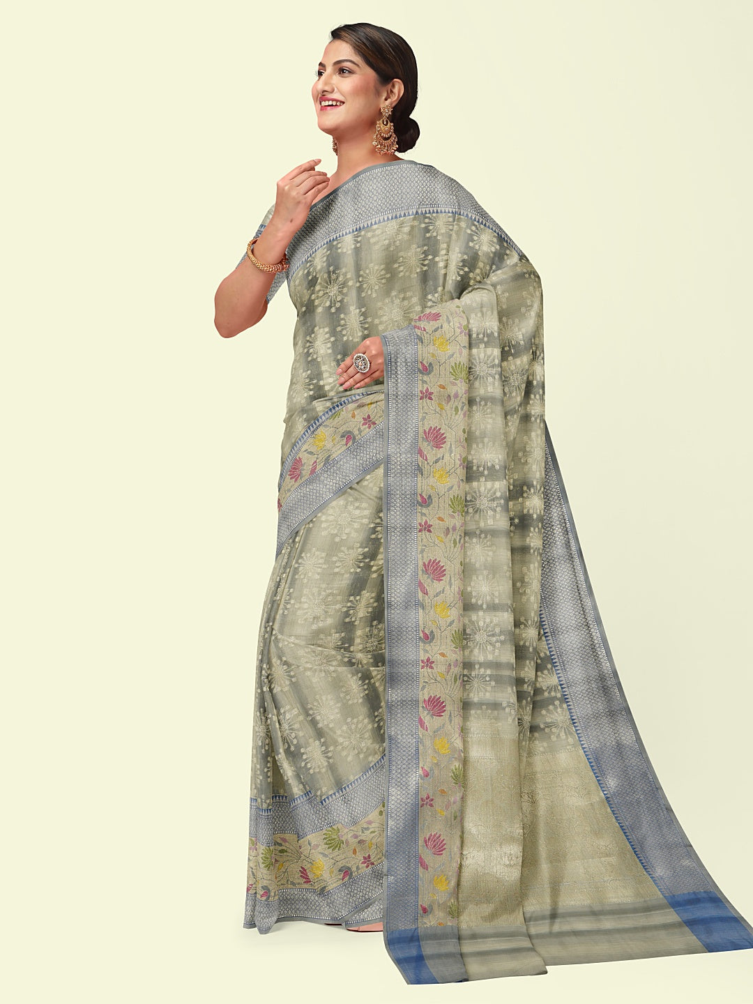 Faishana Presents Handwoven Grey Matka Silk Boota Skirt Border With Blue Blouse Banarasi Saree