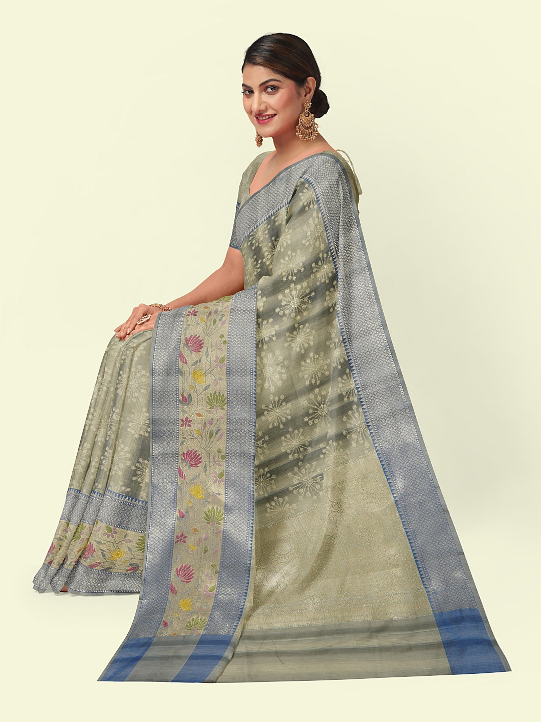 Faishana Presents Handwoven Grey Matka Silk Boota Skirt Border With Blue Blouse Banarasi Saree
