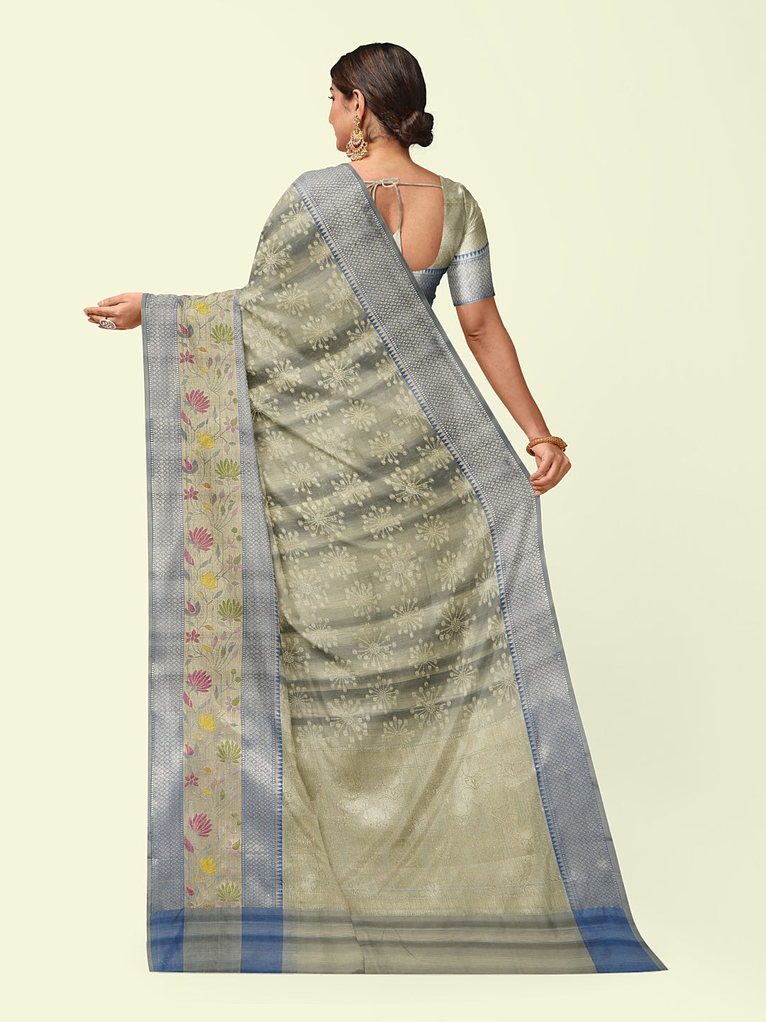 Faishana Presents Handwoven Grey Matka Silk Boota Skirt Border With Blue Blouse Banarasi Saree