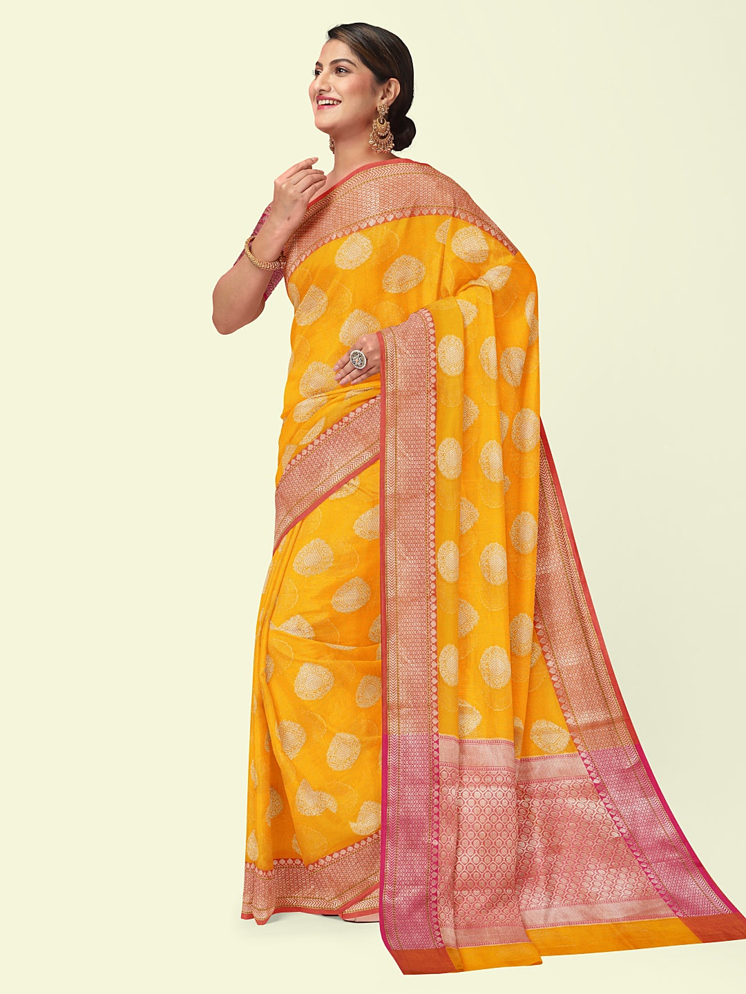 Faishana Presents Handwoven Gold Matka Silk Boota Skirt Border With Red Blouse Banarasi Saree