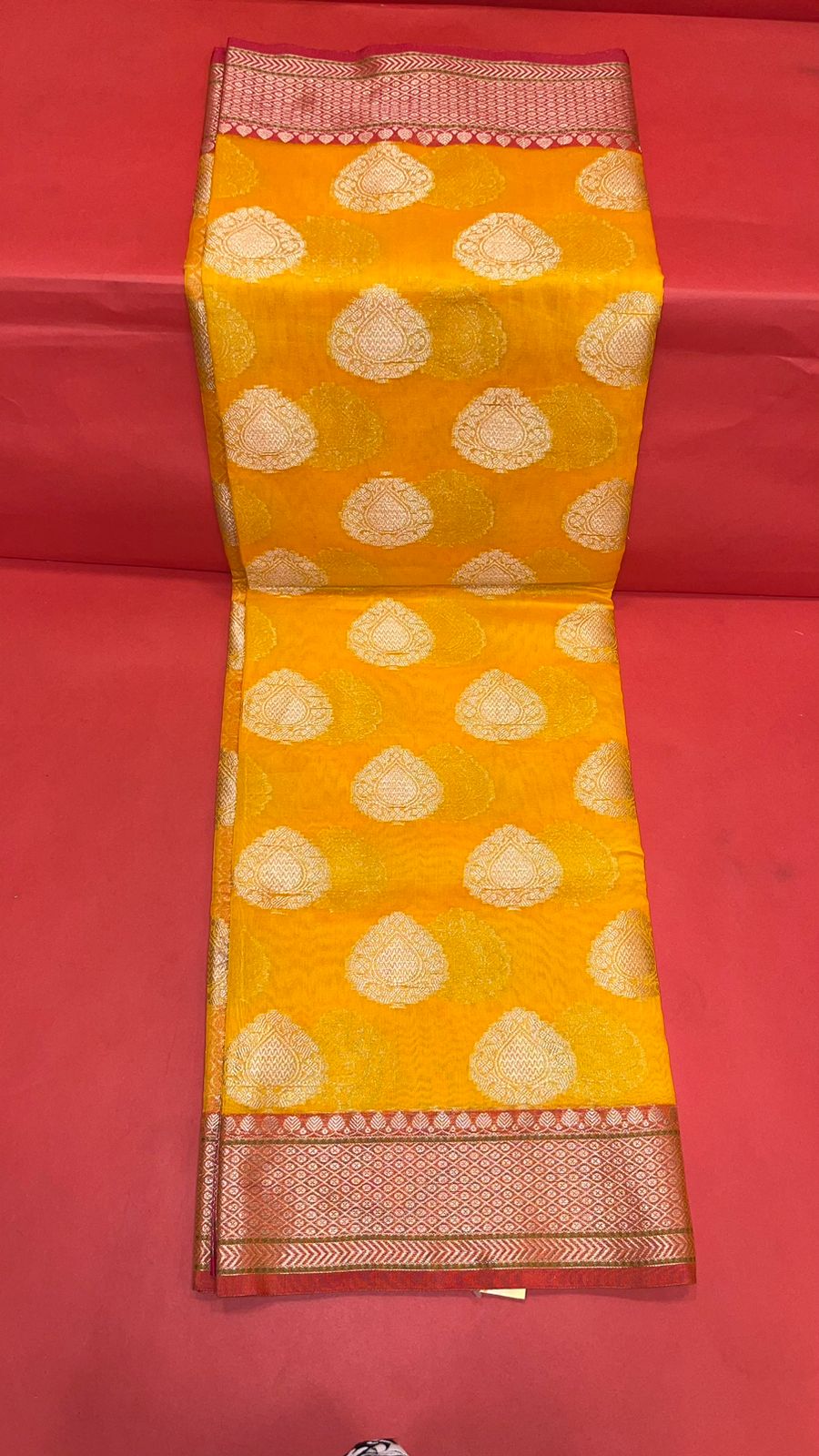 Faishana Presents Handwoven Gold Matka Silk Boota Skirt Border With Red Blouse Banarasi Saree