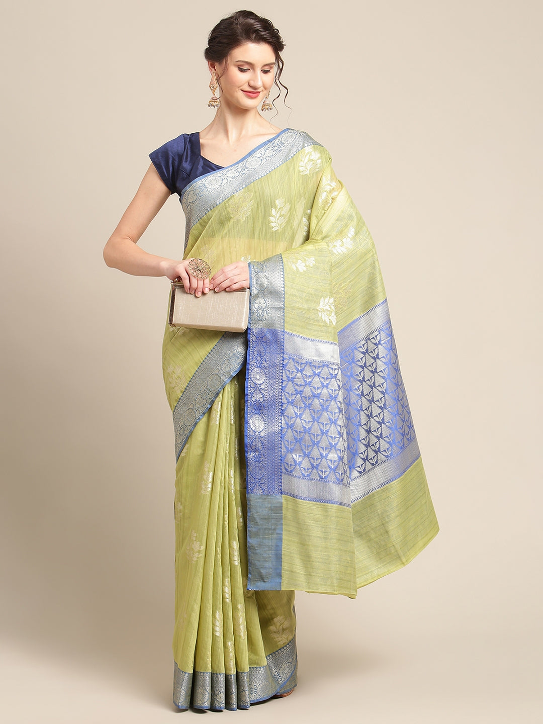 Faishana Presents Handwoven Pistachio Matka Silk Boota Skirt Border With Blue Blouse Banarasi Saree