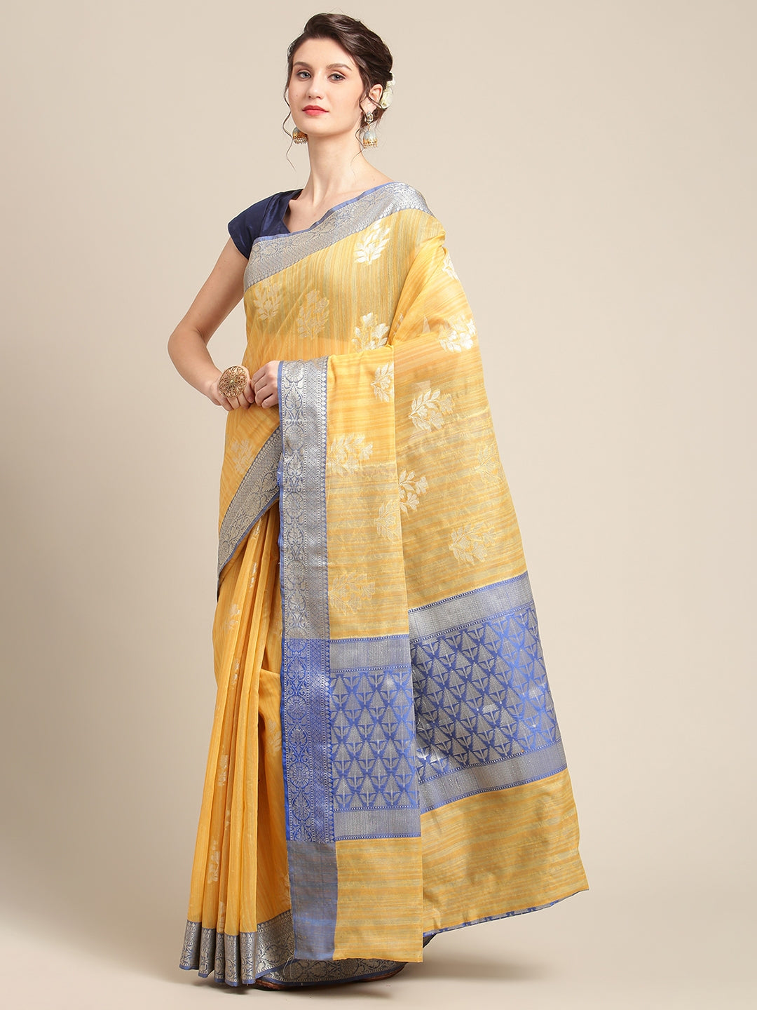 Faishana Presents Handwoven Gold Matka Silk Boota Skirt Border With Blue Blouse Banarasi Saree