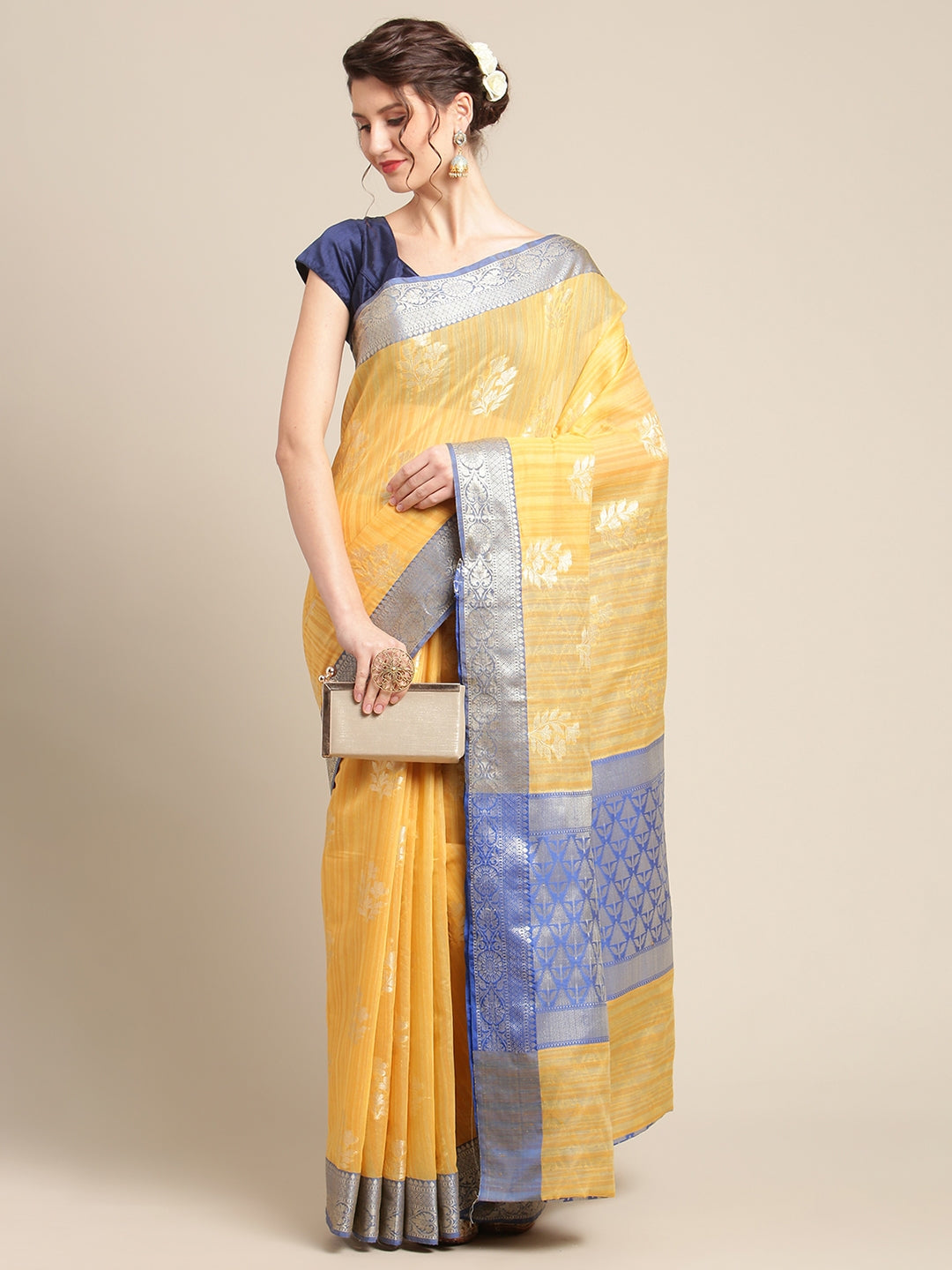 Faishana Presents Handwoven Gold Matka Silk Boota Skirt Border With Blue Blouse Banarasi Saree