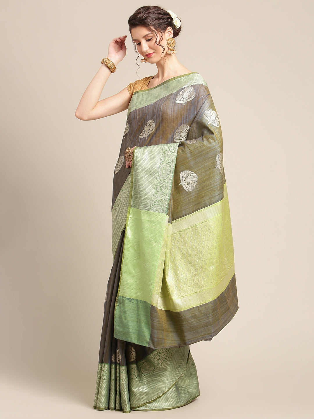 Faishana Presents Handwoven Grey Matka Silk Boota Zari Border With Parrot Green Blouse Banarasi Saree