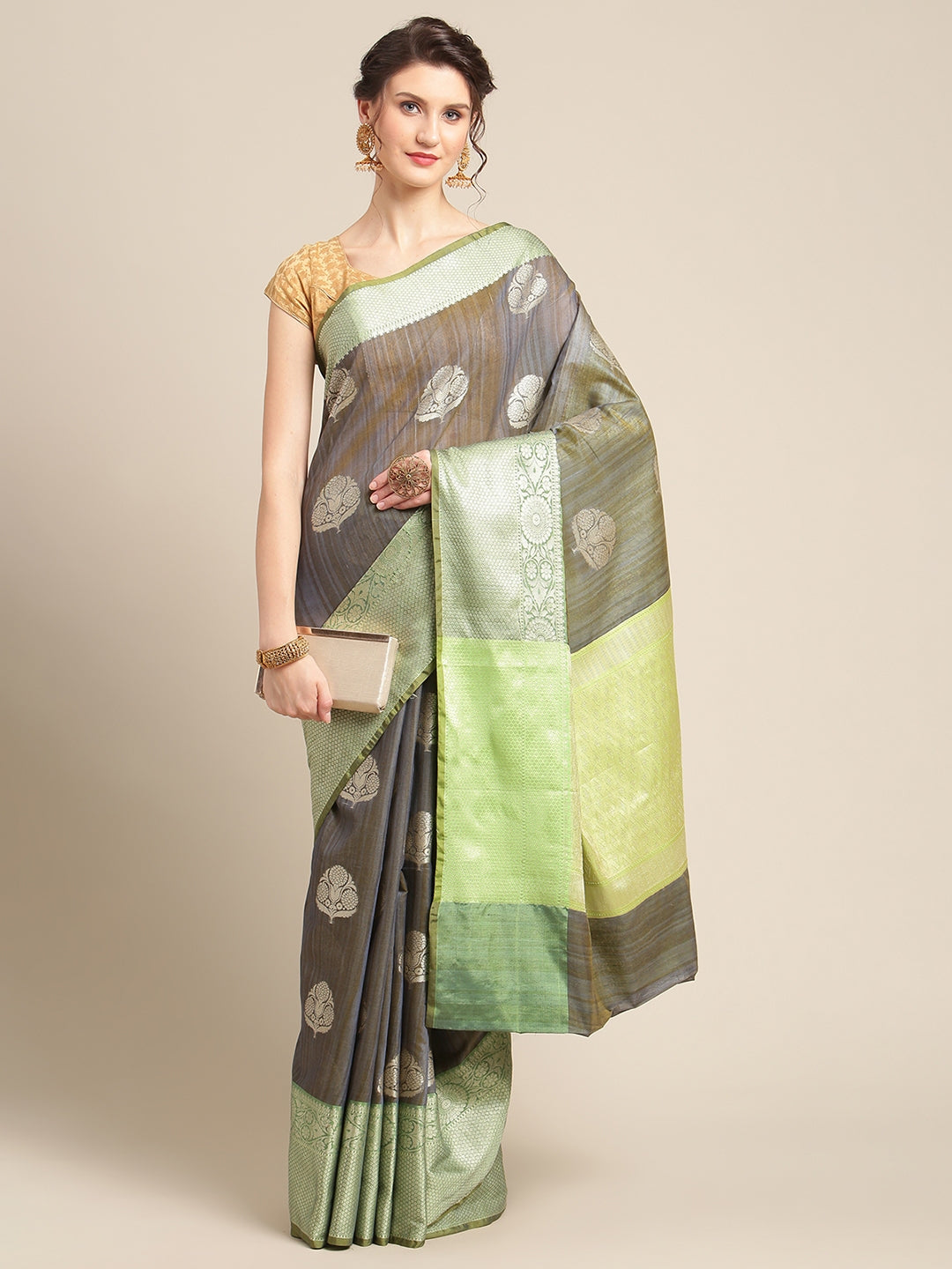Grey Matka Silk Banarasi Sarees For Women GEMTKSLK_80