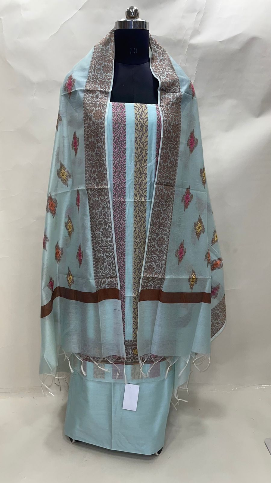 Faishana Presents Sky Blue Cotton Resham Copper Zari 3pcs Suit Set accompanied with Plain Bottom and Top Copper Zari Cotton Small Mina Boota with Sky Blue Mina Jaal Dupatta