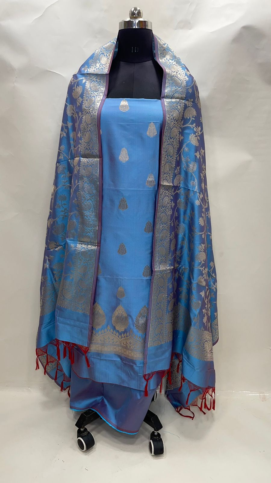 Faishana Presents Sky Blue Katan Silk 3pcs Suit Set accompanied with Plain Bottom and Top Golden Zari Booti with Sky Blue Golen Jaal Dupatta