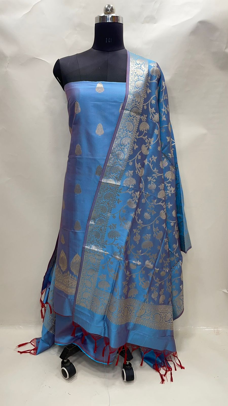Faishana Presents Sky Blue Katan Silk 3pcs Suit Set accompanied with Plain Bottom and Top Golden Zari Booti with Sky Blue Golen Jaal Dupatta