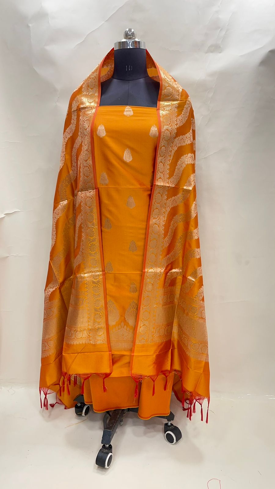 Faishana Presents Mustard Yellow Katan Silk 3pcs Suit Set accompanied with Plain Bottom and Top Golden Zari Booti & Mustard Yellow Golden Lehariya Stripe Katan Silk Dupatta