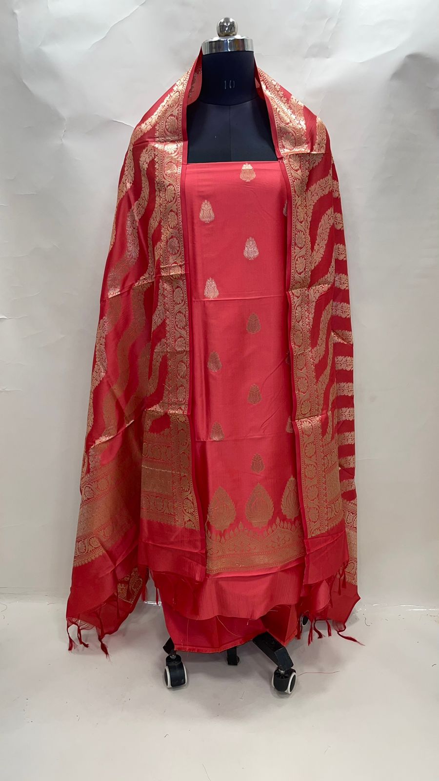 Faishana Presents Red Katan Silk 3pcs Suit Set accompanied with Plain Bottom and Top Golden Zari Booti & Red Golden Lehariya Stripe Katan Silk Dupatta