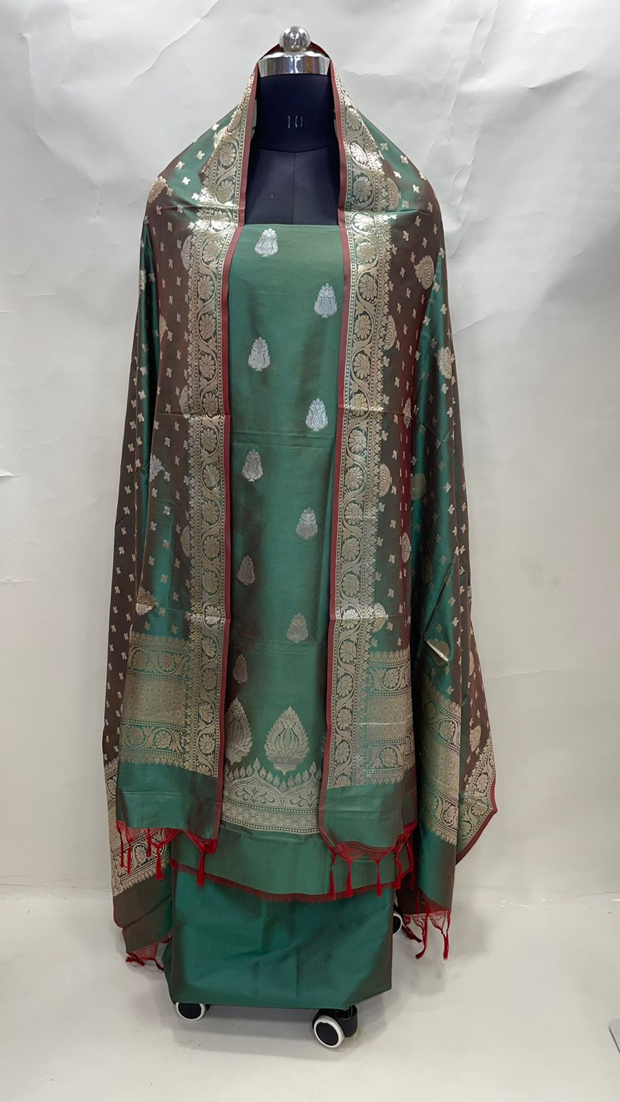 Faishana Presents Green Katan Silk 3pcs Suit Set accompanied with Plain Bottom and Top Golden Zari Booti & Green Golden Booti Katan Silk Dupatta