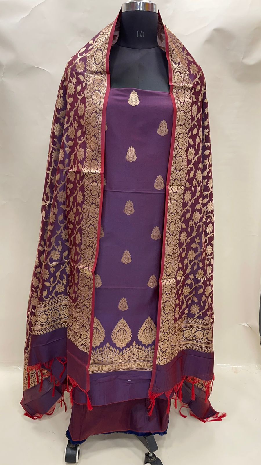 Faishana Presents Purple Katan Silk 3pcs Suit Set accompanied with Plain Bottom and Top Golden Zari Booti with Purple Golden Jaal Katan Silk Dupatta