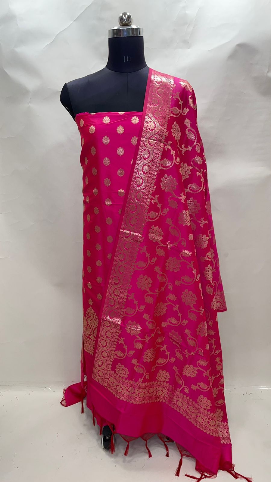 Faishana Presents Pink Katan Silk 3pcs Suit Set accompanied with Plain Bottom and Top Golden Zari Small Booti & Pink Golden Zari Jaal Katan Silk Dupatta