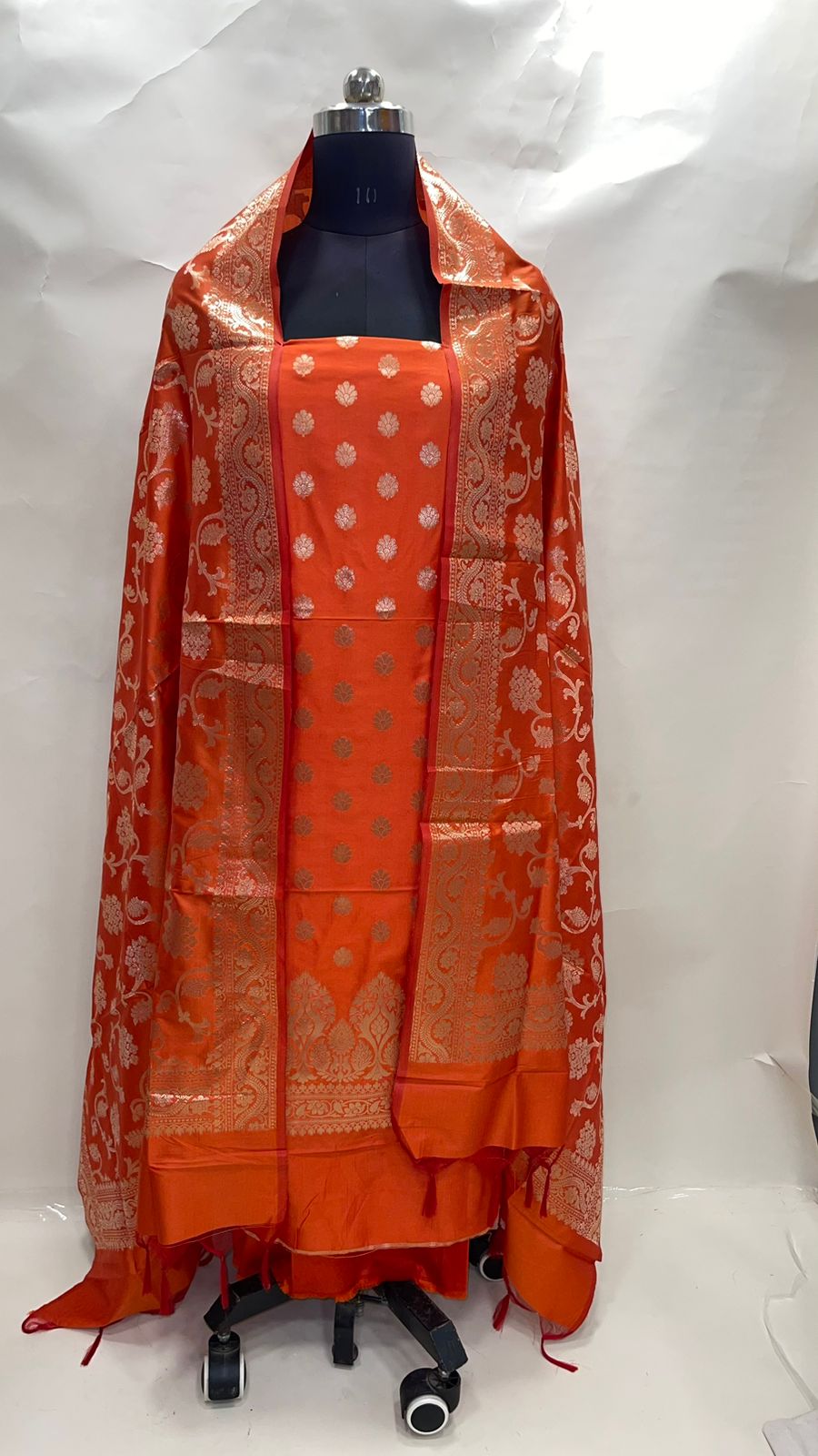 Faishana Presents Orange Katan Silk 3pcs Suit Set accompanied with Plain Bottom and Top Golden Zari Small Booti & Orange Golden Zari Jaal Katan Silk Dupatta