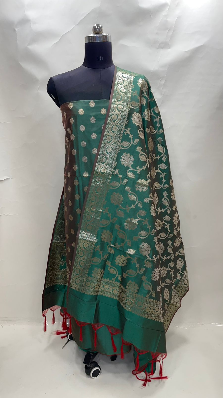 Faishana Presents Green Katan Silk 3pcs Suit Set accompanied with Plain Bottom and Top Golden Zari Small Booti & Green Golden Zari Jaal Katan Silk Dupatta