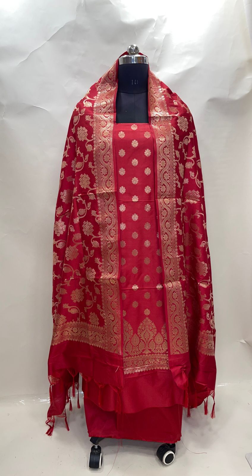 Faishana Presents Red Katan Silk 3pcs Suit Set accompanied with Plain Bottom and Top Golden Zari Small Booti & Red Golden Zari Jaal Katan Silk Dupatta