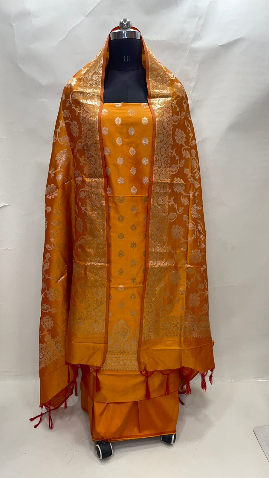 Faishana Presents Mustard Yellow Katan Silk 3pcs Suit Set accompanied with Plain Bottom and Top Golden Zari Small Booti & Mustard Yellow Golden Zari Jaal Katan Silk Dupatta