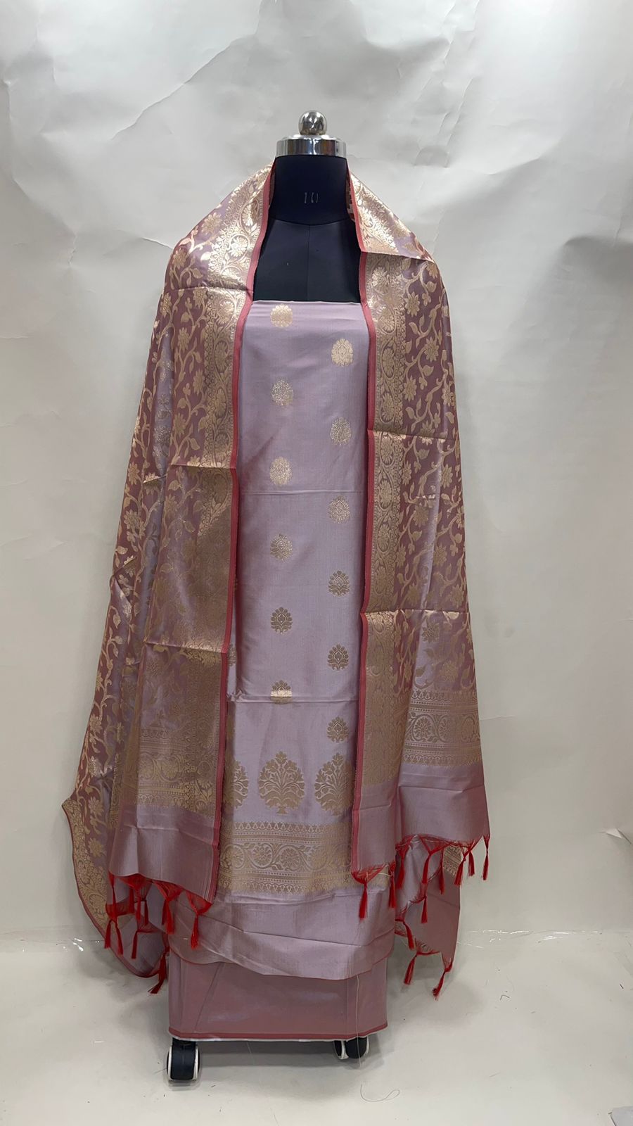 Faishana Presents Light Purple Katan Silk 3pcs Suit Set accompanied with Plain Bottom and Top Golden Zari Booti with Light Purple Golden Jaal Katan Silk Dupatta