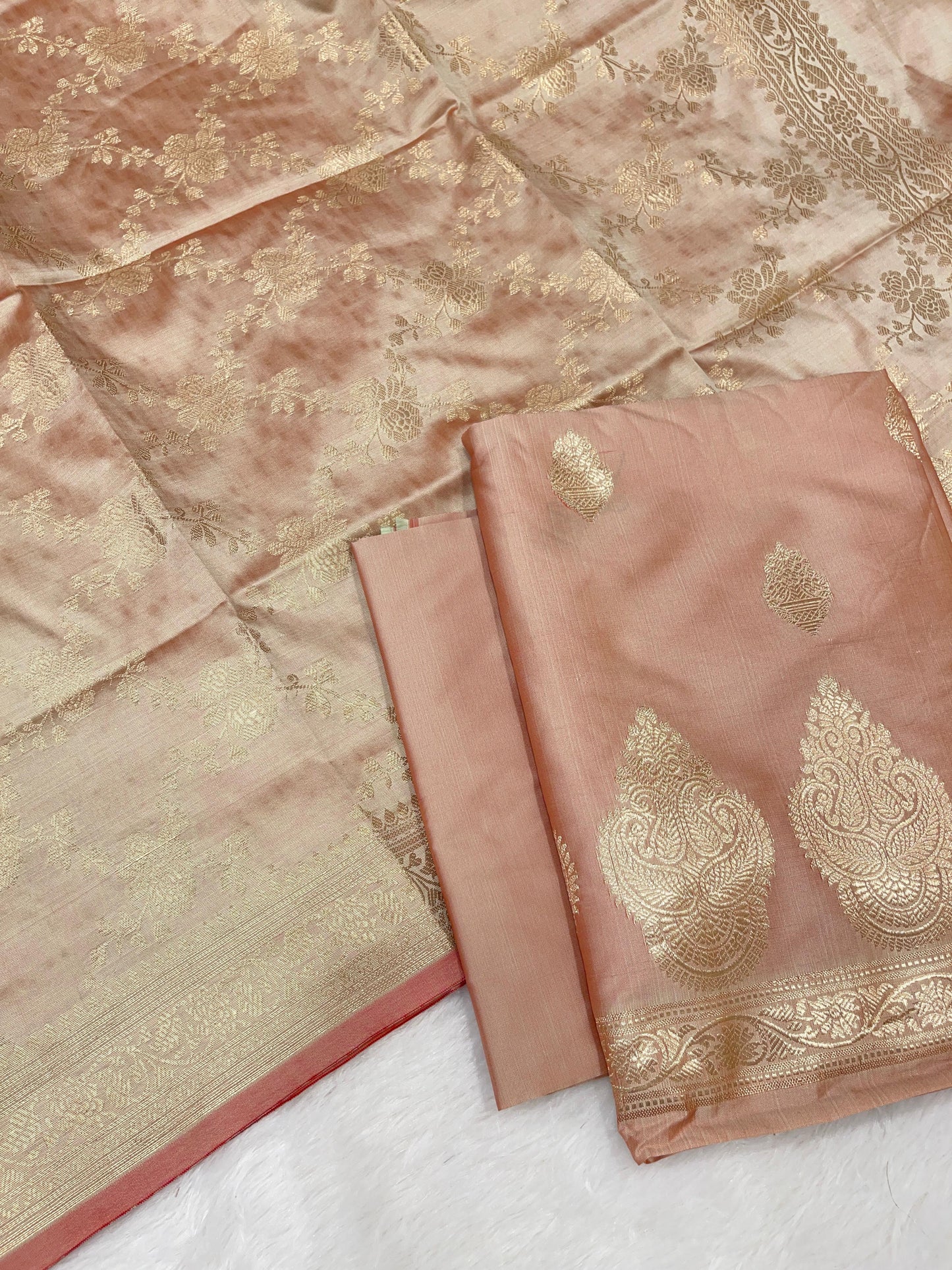 Beige Semi Katan Silk Handloom Banarasi 3 pcs Suit Set MUB_SK100