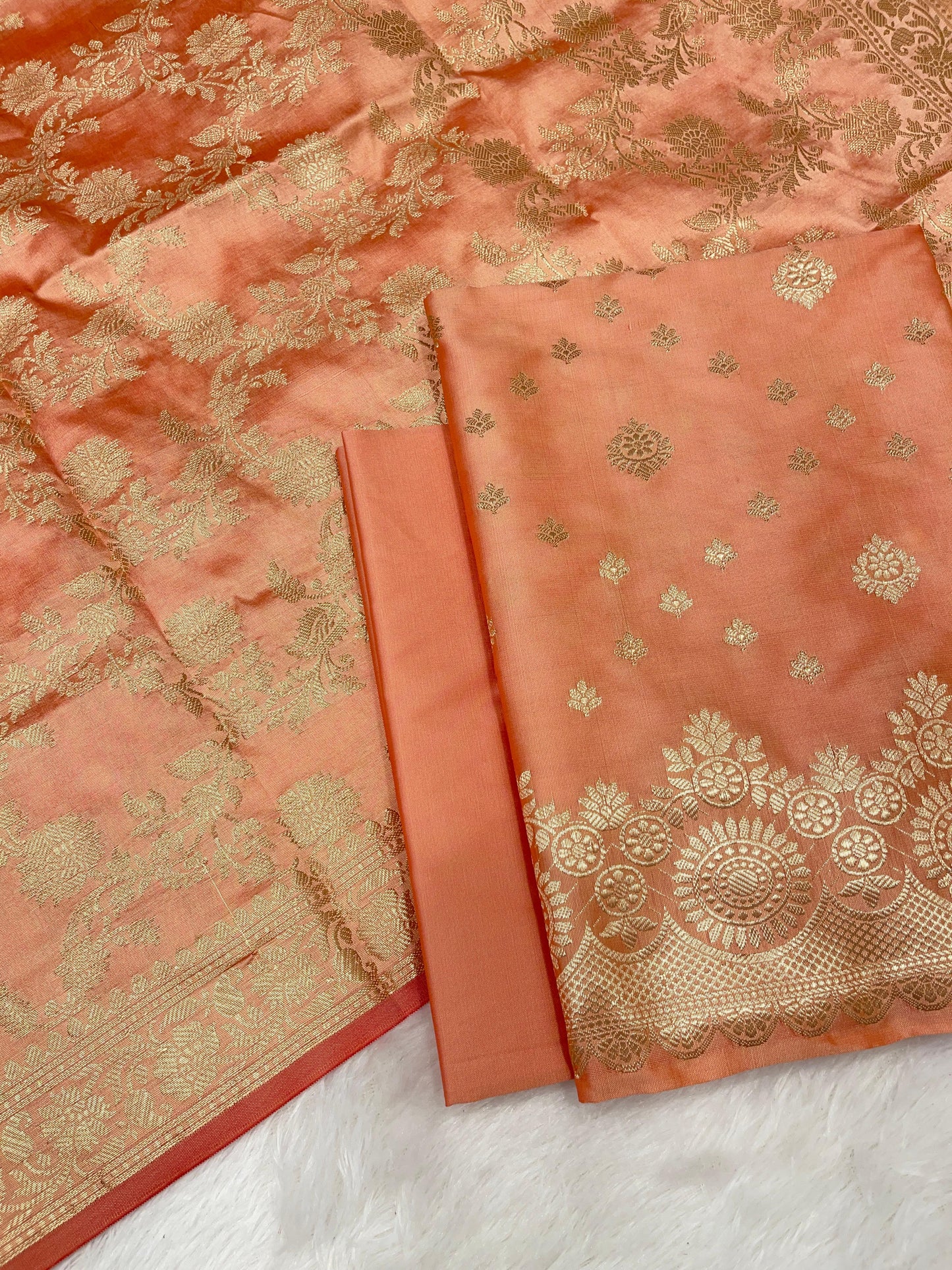 Peach Semi Katan Silk Handloom Banarasi 3 pcs Suit Set MUB_SK89