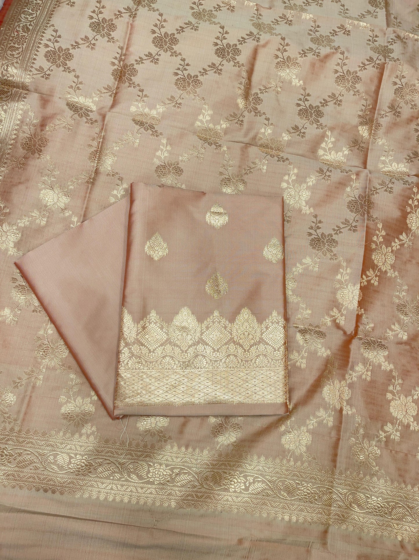 Beige Semi Katan Silk Handloom Banarasi 3 pcs Suit Set MUB_SK92